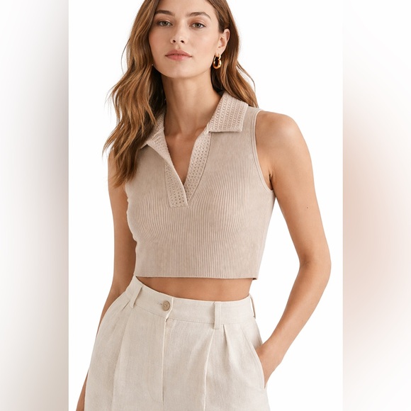 Caroline Constas Sleeveless Knit Polo Crop Top Beige M
